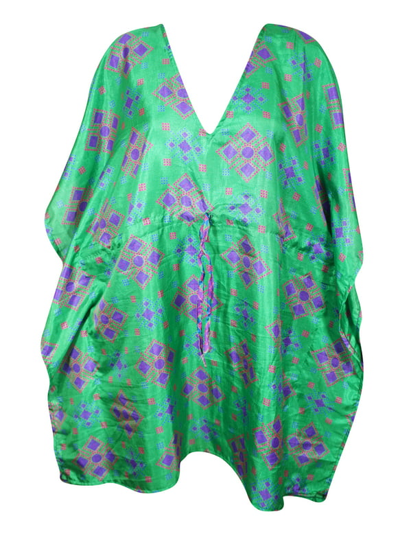 Mogul Women's Midi Kaftan Dress Green Purple Print Resort Beach Caftan M-XL