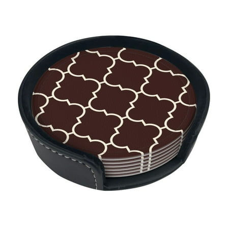 

6 Pieces Of Round Leather Coasters Anti-Fouling And Anti-Ironing Coasters Suitable For Home Restaurants Kitchen Offices And So On Deep Brown Gold Grid Lantern Shapes