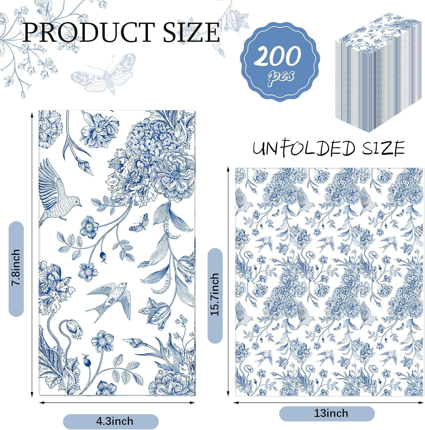 200 Pcs Blue Floral Paper Napkins Disposable Hand Towels for Bathroom Guest Decorative Napkins Paper for Bathroom Shower Toilet Powder Room Holiday Wedding Bridal Tea Party