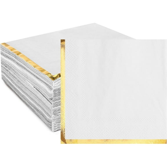 100 Pack 2 Ply Cocktail Napkins Paper Gold Foil Trim Edge Beverage Dessert Disposable Paper Napkins Dinner Baby Shower Wedding Birthday Party Tableware Decorations, 5 x 5 Inches(White)
