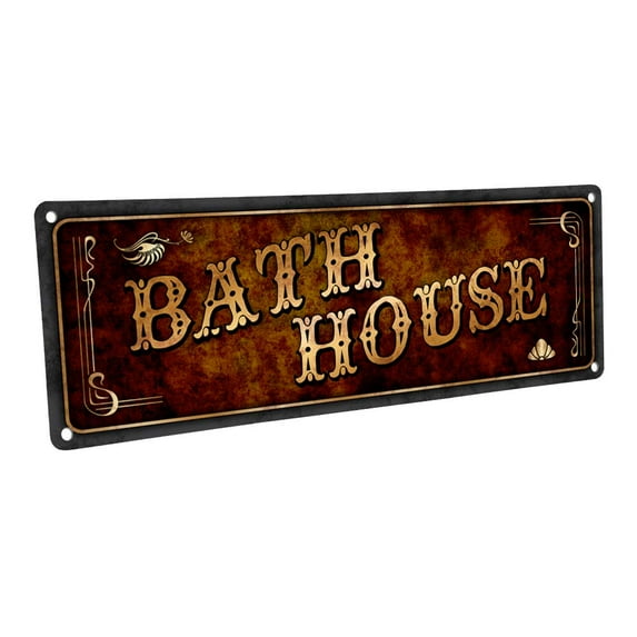 Outdoor Bath House 4"x12" Metal Sign, Wall Décor for Mancave, Den, and Gameroom