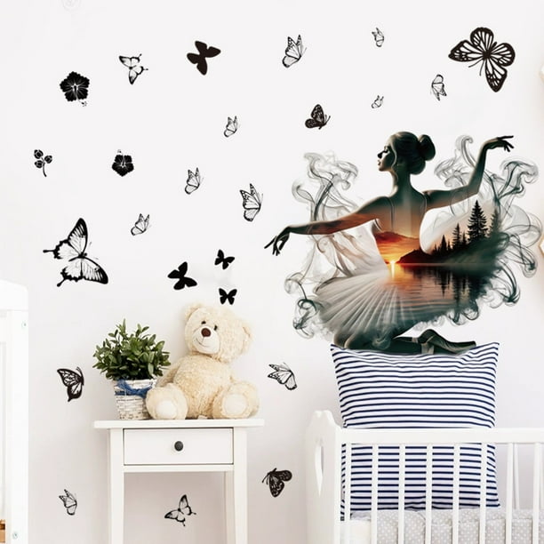 Adhesivos de pared de PVC con forma de bailarina de ballet, mariposa negra, 40 x 60 cm