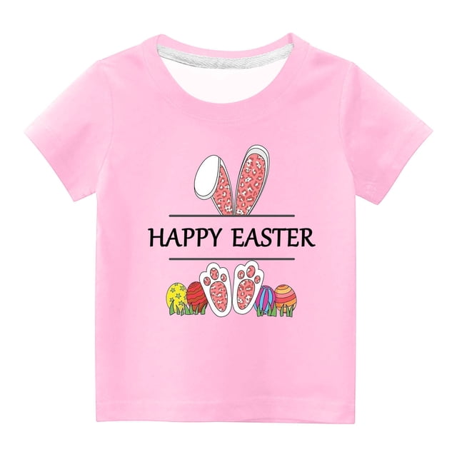 Penkiiy T-Shirts de Pâques pour Enfants Garçons Filles Mode Mignon Oreilles de Lapin de Pâques Œufs de Pâques Imprimé Col Rond Manches Courtes 4 Ans Rose