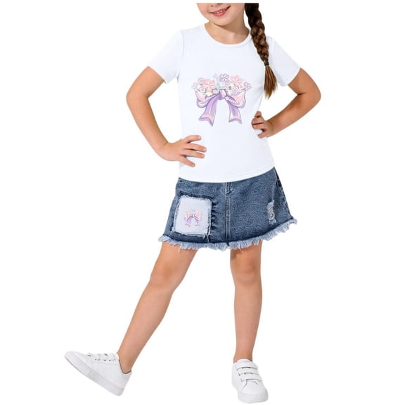 Cethrio Girls Summer Outfit Sets, 2 Piece Graphic Casual Short Sleeve Girls' Clothing Sets White Size 7-8 T