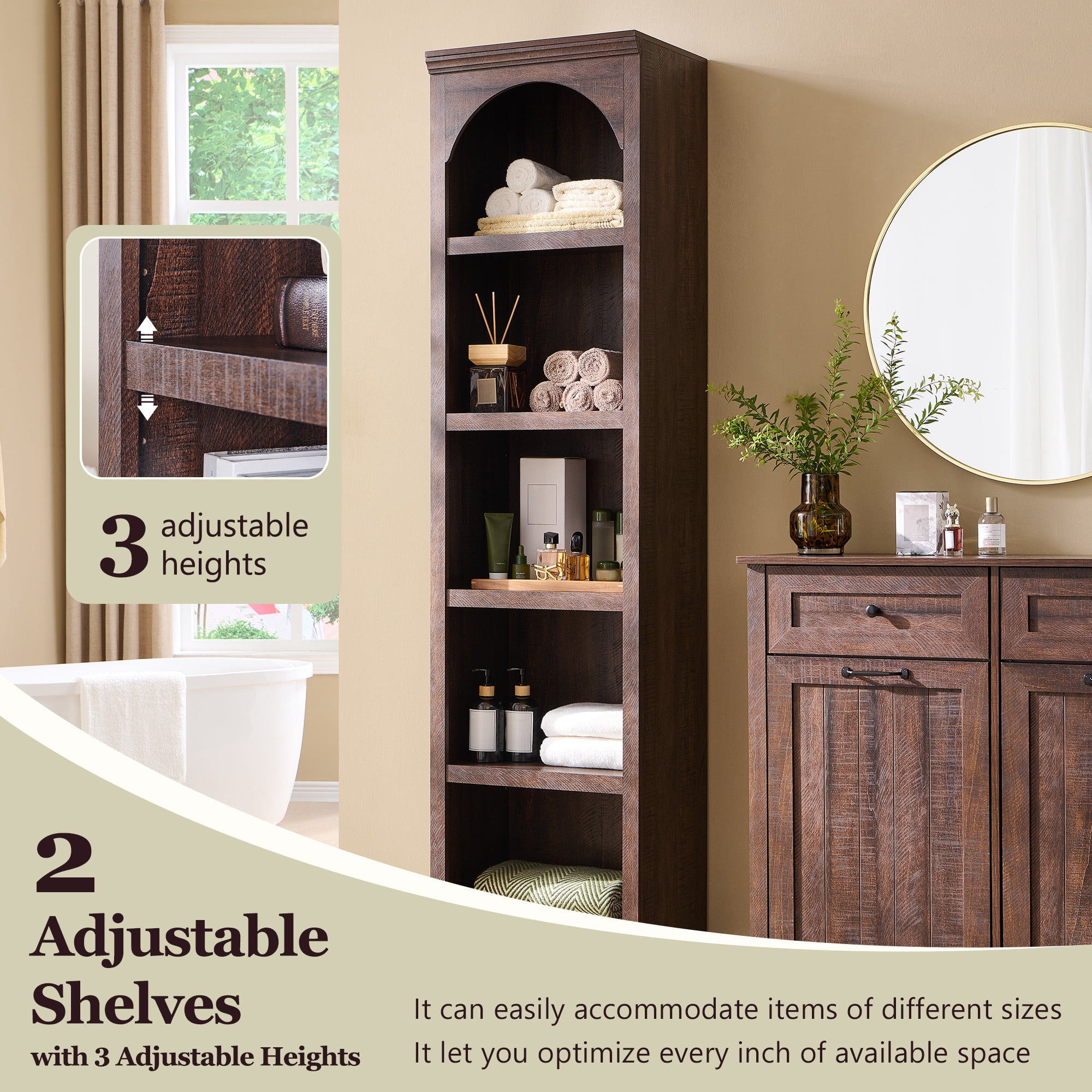 SinCiDo Arched Bathroom Storage Cabinet with Adjustable Shelves, 5-Tier Narrow Bathroom Cabinet for Bathroom, Kitchen, Living Room, Brown