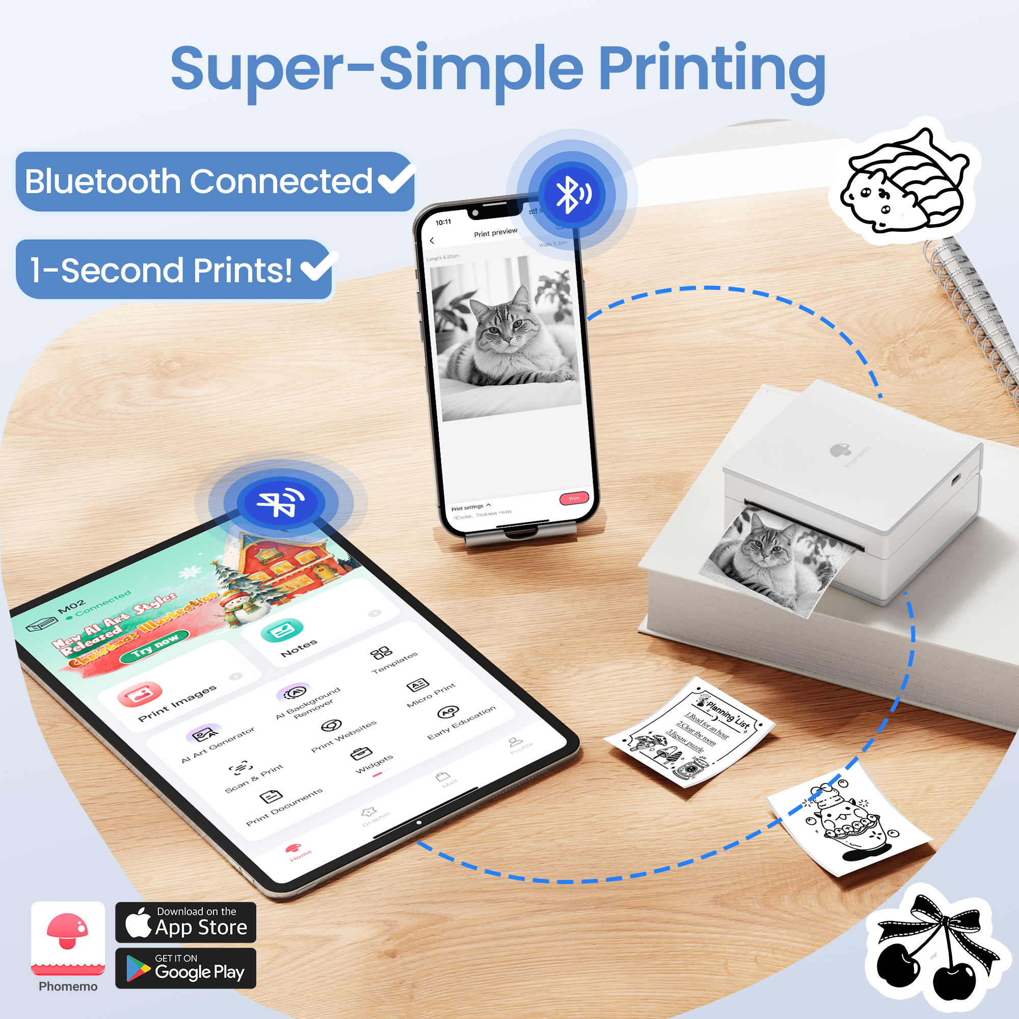 Phomemo Sticker Printer - M02 Label Maker Portable Bluetooth Thermal Sticker Printer for Notes, Gifts, Journals, Planners, Scrapbooking, and Creative Projects(White)