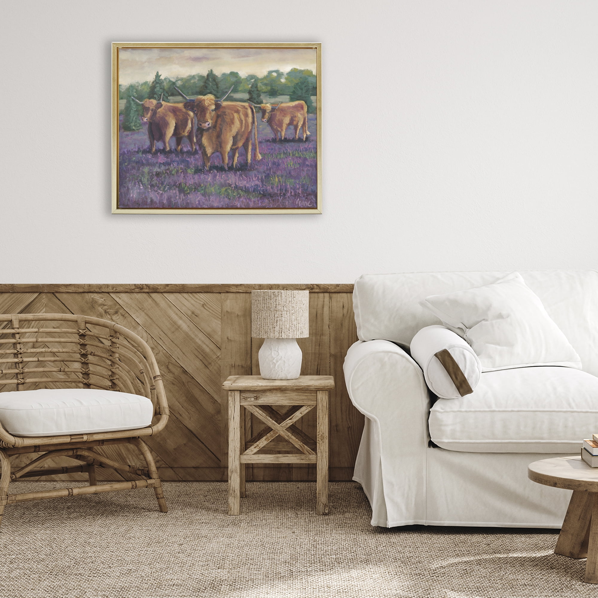 Purple Fields & Cows Gold Framed Floater Canvas Wall Art, design by Marnie Bourque