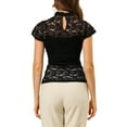 thumbnail image 3 of INSPIRE CHIC Valentine's Day Women's Keyhole Back Top Short Sleeve Stand Collar Semi Sheer Blouse XL Black, 3 of 7