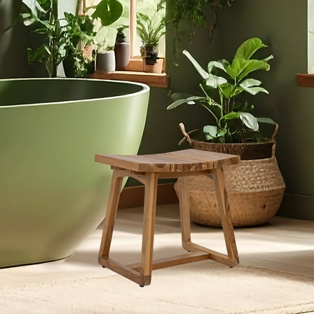 Sunnydaze Spa-Inspired Solid Teak Shower Bench Seat with Ergonomic Curved Design, 19"