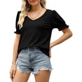 thumbnail image 4 of Bienvenido Women Shirred Puff Sleeve Top V Neck Pure Color Loose Fitting Casual Summer Pullover Shirt Black M, 4 of 6