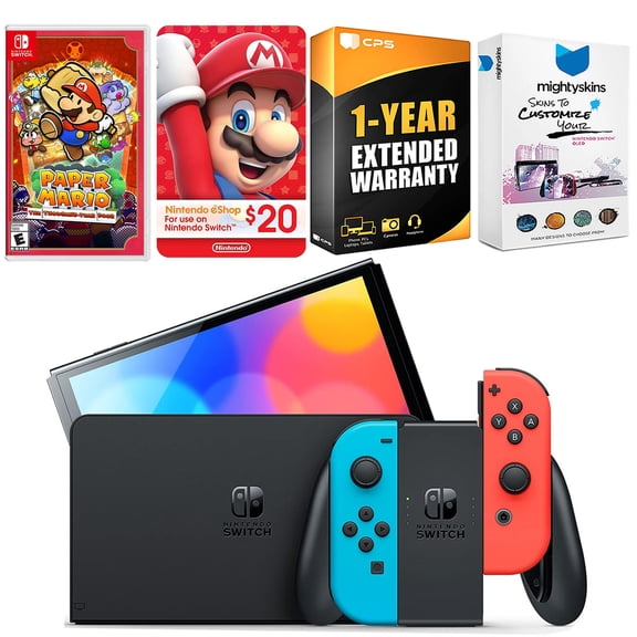 Nintendo Switch Neon Red & Blue OLED Console with Paper Mario: the Thousand Year Door, Nintendo $20 eShop Gift Card, MightySkins Console and Controller Skin Voucher and 1 Year CPS Extended Warranty