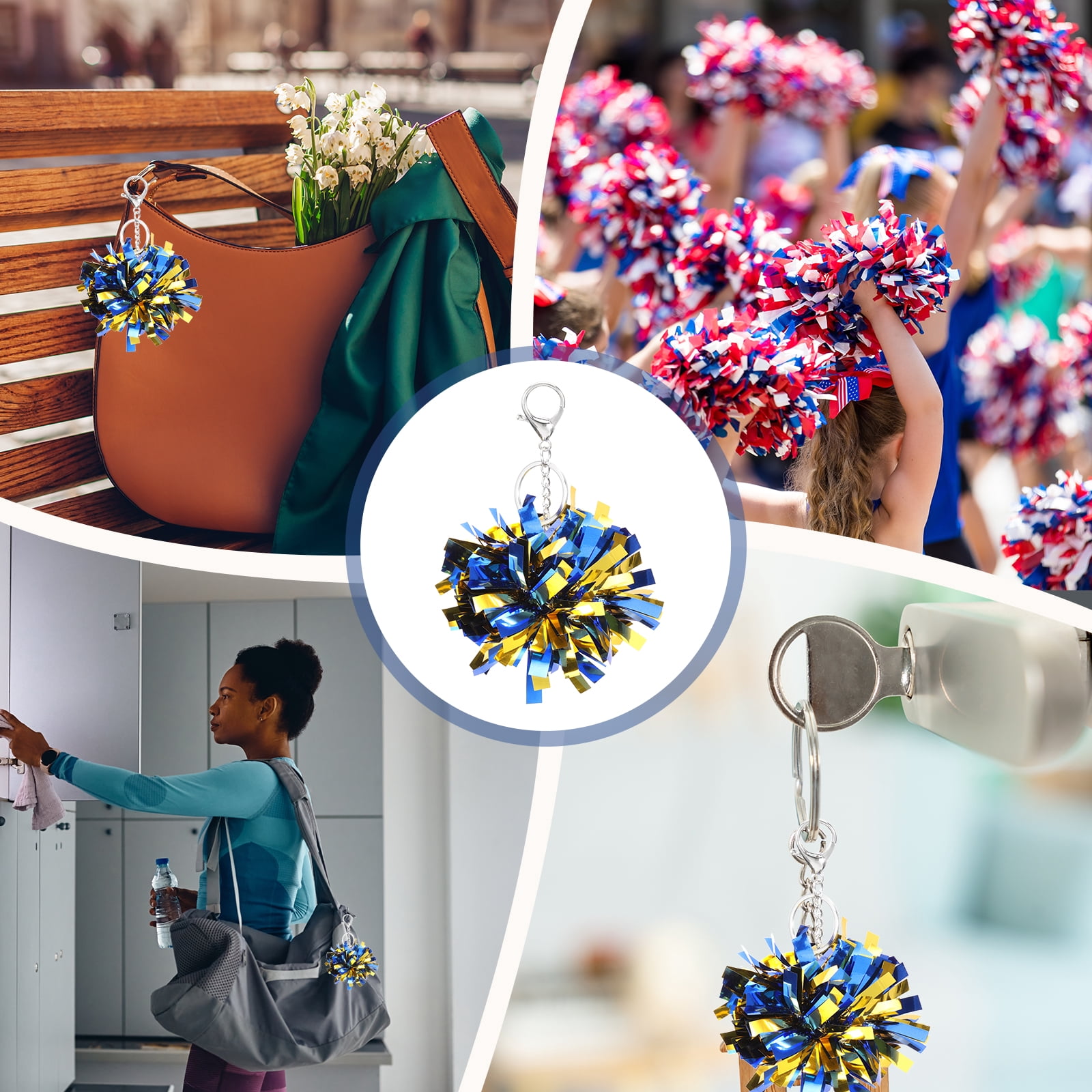 Uxcell 20 Pcs Cheer Pom Pom Keychain Cheerleading Gift Charm Plastic Keyring Bulk for Christmas Blue Gold Tone