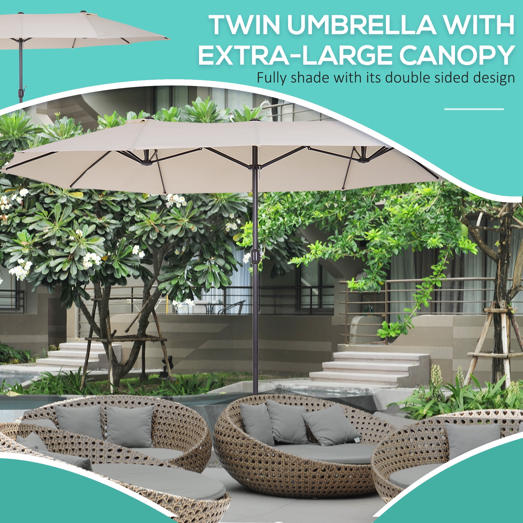 Outsunny 15' Extra Large Double Patio Umbrella for Pool, Cream White