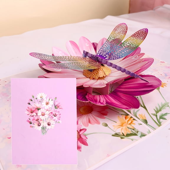 3D Pop Up Flower Bouquet Greeting Card With Paper - Carved Dragonfly Design, Foldable Floral Greeting Card For Birthdays, Anniversaries, Mother's Day, Valentine's Day, Get - Well