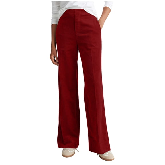 AHTJRT Women's Corduroy Pants Casual Comfort Wide Straight Leg Trousers with Pockets Flat Front Elastic Waist Slack Pants Wine XXL