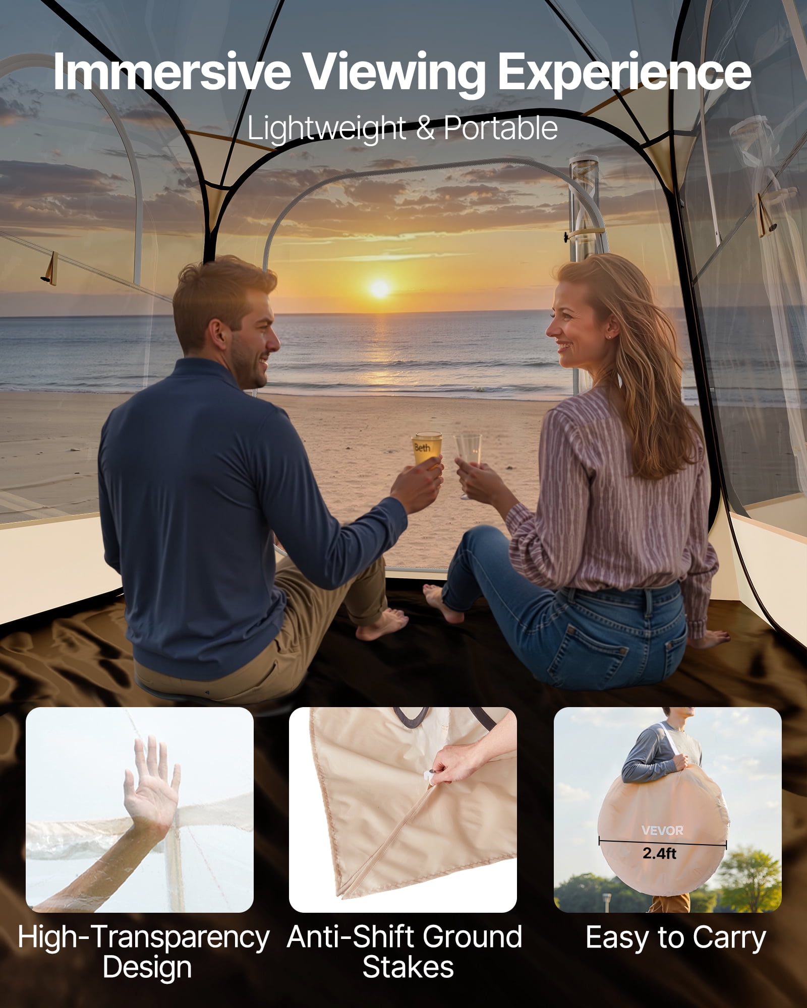 VEVOR Pop up Sports Tent, 72x72 in Clear Bubble Tent for 2-4 Persons, Waterproof Outdoor Pod with Floor Mat & Top Cover, Garden Igloo Dome Tents Camping Shelter for Events Fishing Cheering