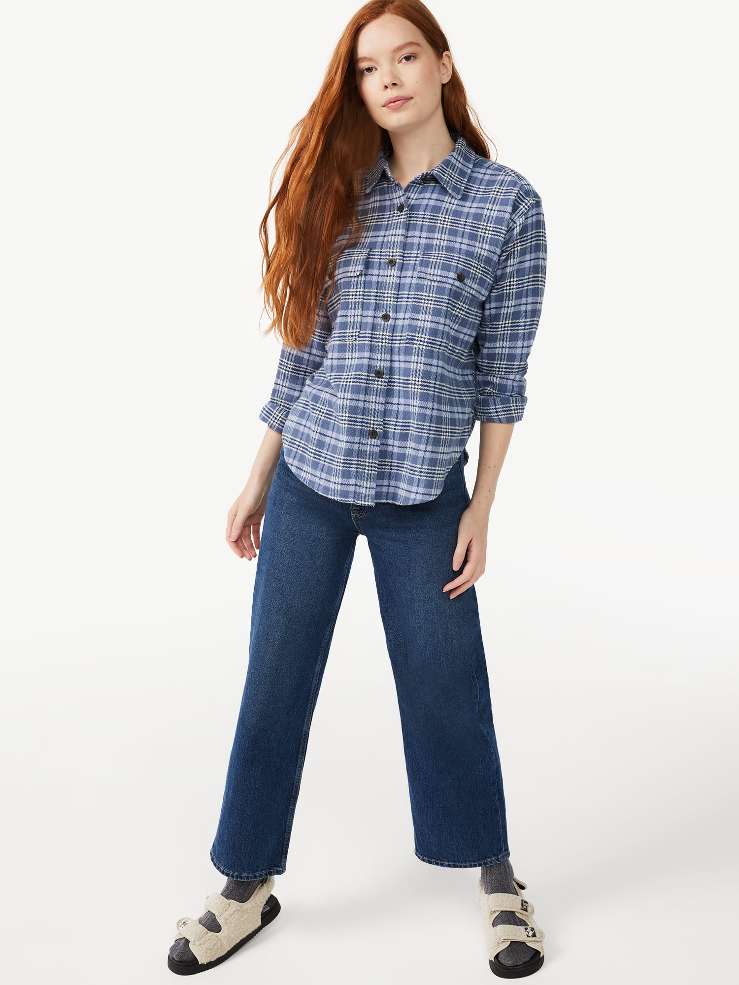 Free Assembly Women's Cotton Plaid Work Shirt with Long Sleeves, Sizes XS-XXXL