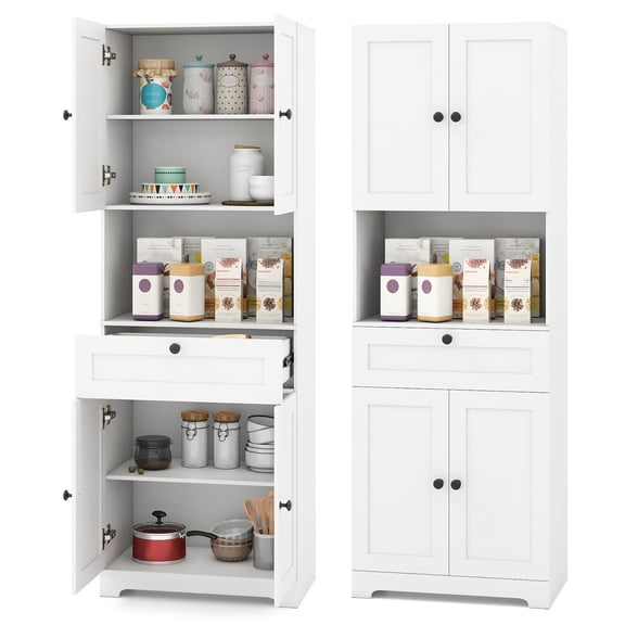 Gymax 67.5'' Kitchen Pantry Cabinet w/4 Doors 1 Drawer Open Countertop Adjustable Shelf White