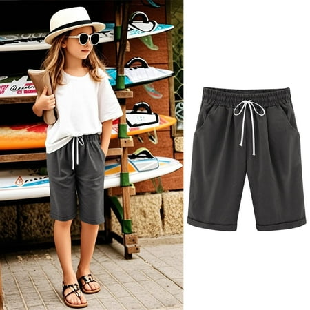 Girls Boys School PE Shorts Kids Cotton Linen Elastic Waistband Sports Quick-Dry Shorts with Drawstring Dark Gray 12-13 Years