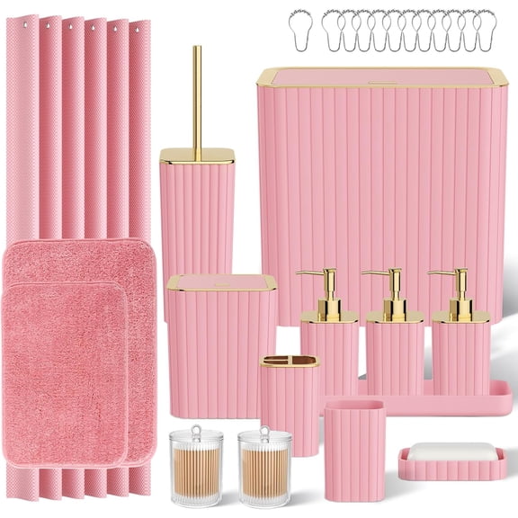 27-Piece Bathroom Accessory Set with Shower Curtain and Rugs in Pink and Gold