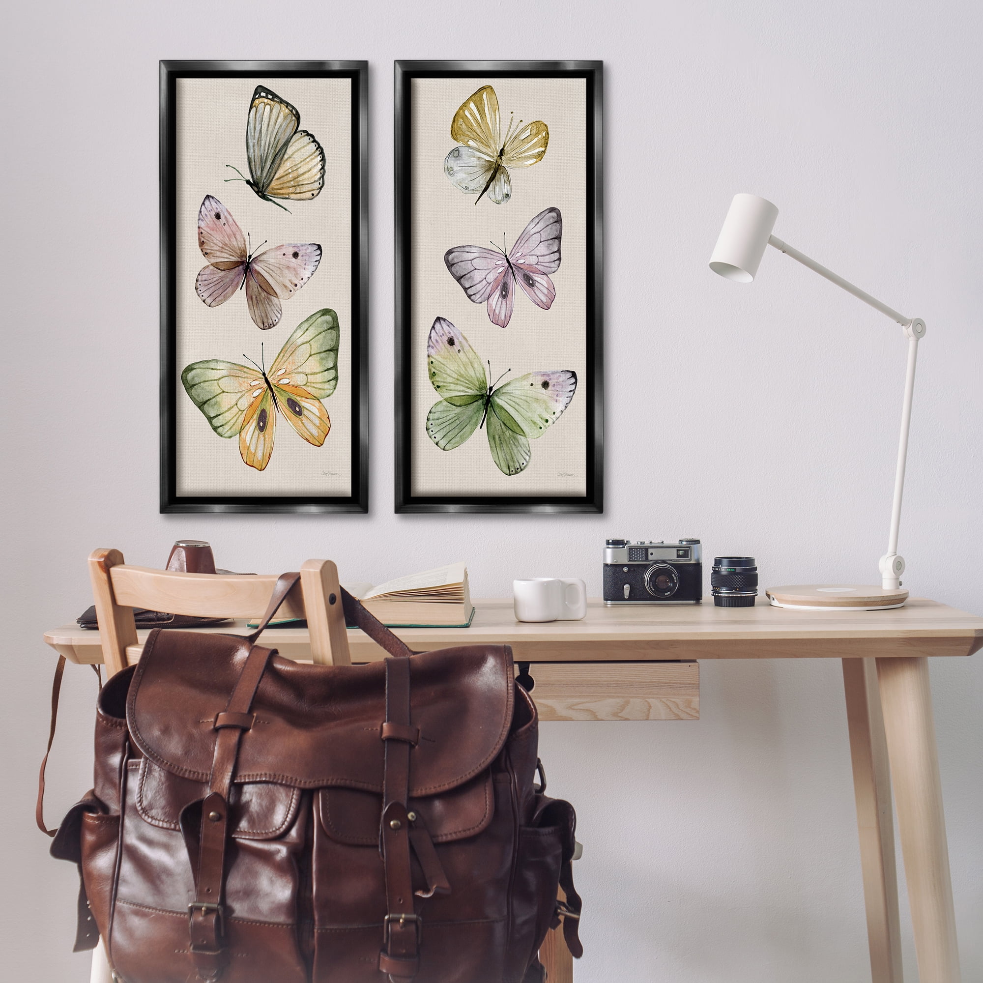 Stupell Industries Delicate Winged Butterfly Trio Animals Painting Black Floater Framed Canvas Art Print Wall Art, 14 x 31, Set of 2