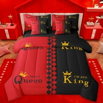 Manfei Couple Valentines Day Twin Bedding Sets 7-Piece, Black Red Cartoon Bedding Comforter Set, Romantic Anniversary Theme Reversible Sheet Sets, Breathable Home Decor