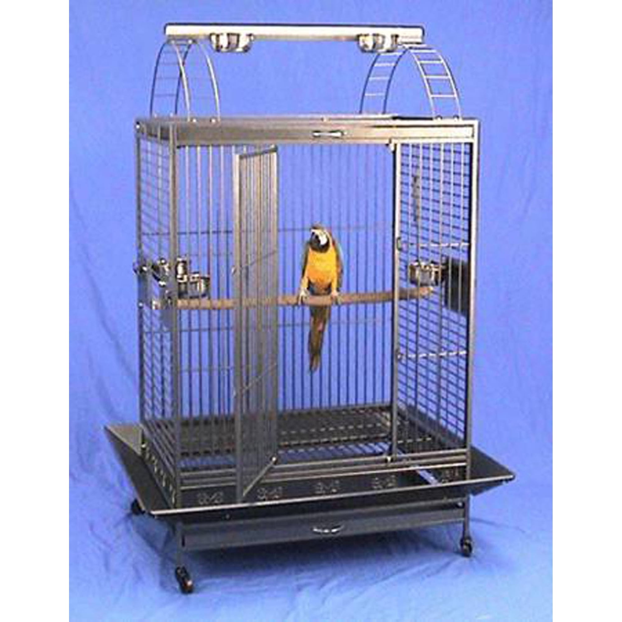 Deluxe Extra Strong XX-Large 40"L x 30"W x 71" H Wrought Iron Castle Playtop Parrot Bird Rolling Cage With Extra Strong 6mm Wire