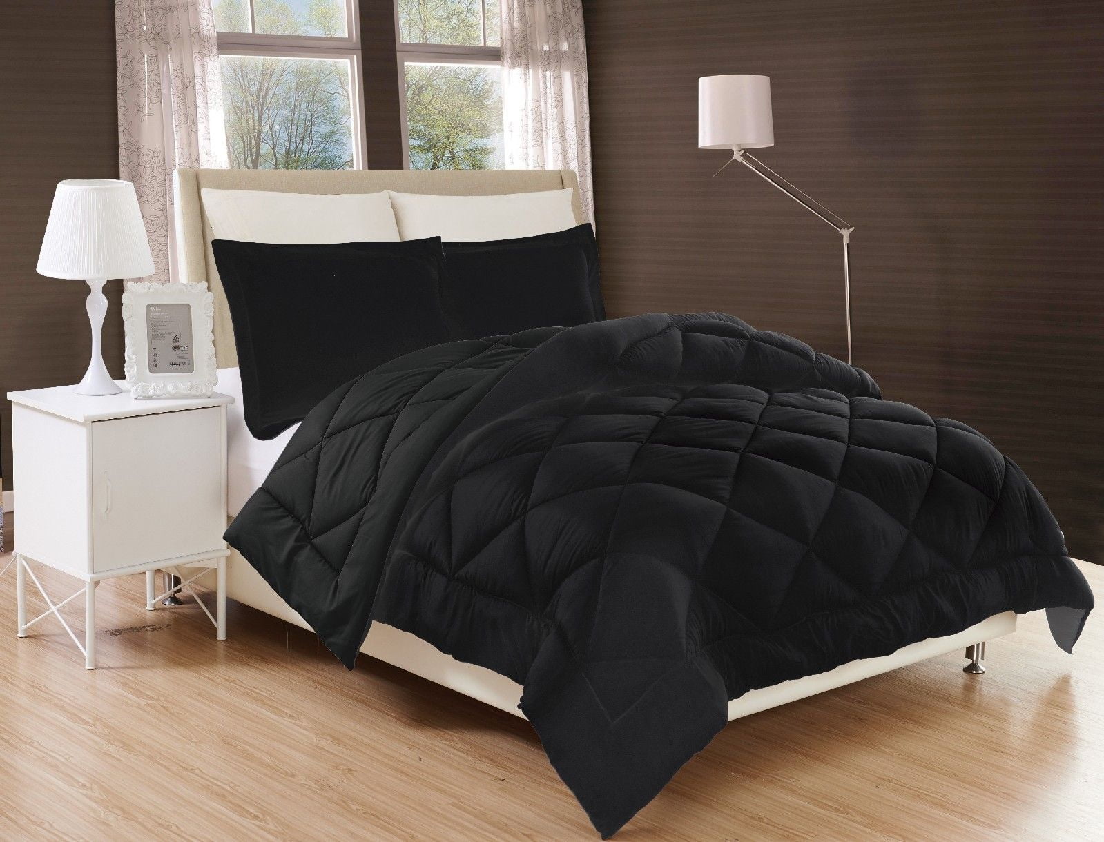 Black Down Alternative Diamond Comforter Bed Cover Set, 3pc Queen Solid