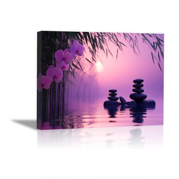Mudket Framed Canvas Wall Art, Pink Orchid Zen Stacked Stones Water Wall Decor, Purple Serene Spa Floral Waterproof Art Prints for Bathroom Bedroom Living Room Home Decor - 12"L x 8"W