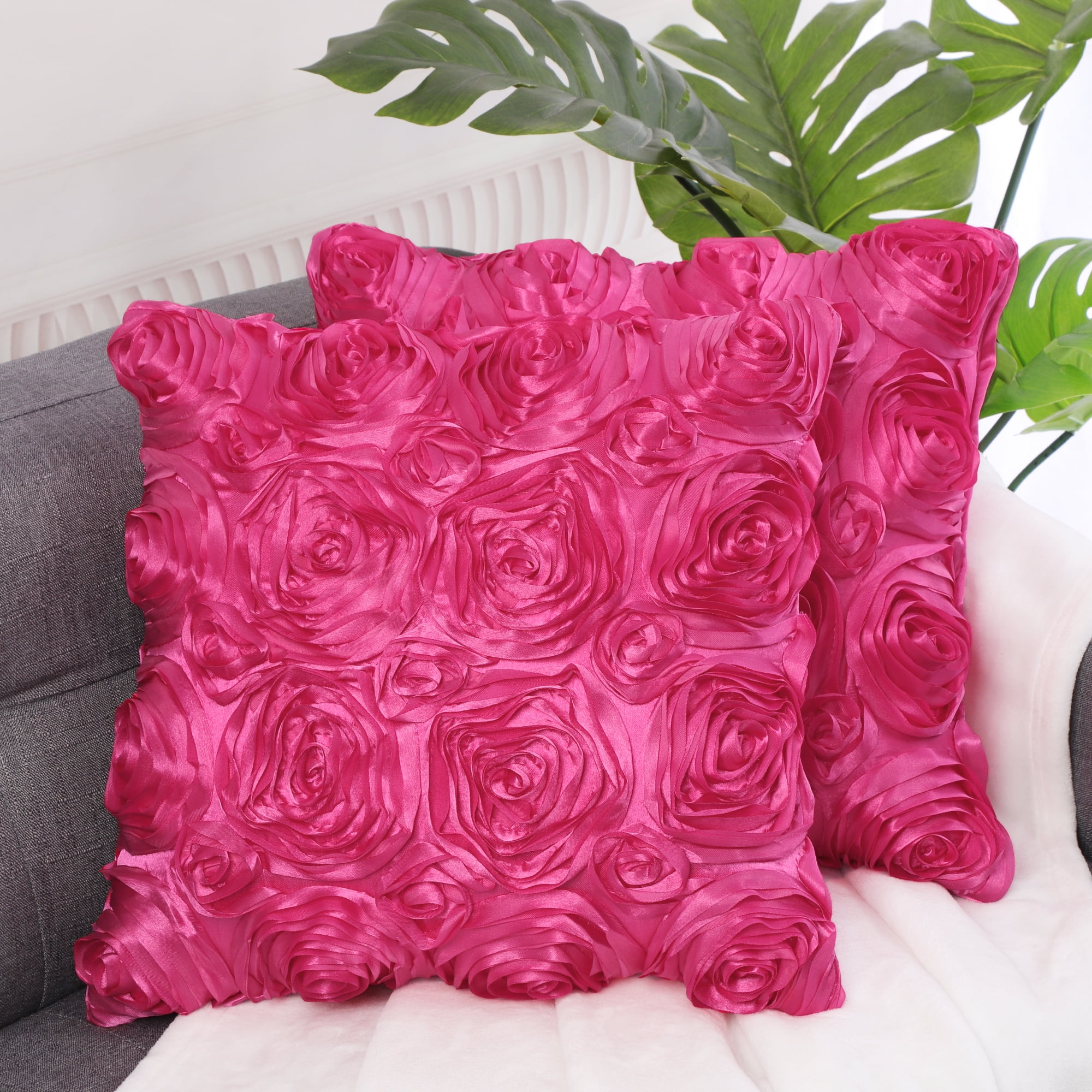 Unique Bargains 2-Pack 3D Flower Decorative Throw Pillow Covers 16" x 16" Fuchsia