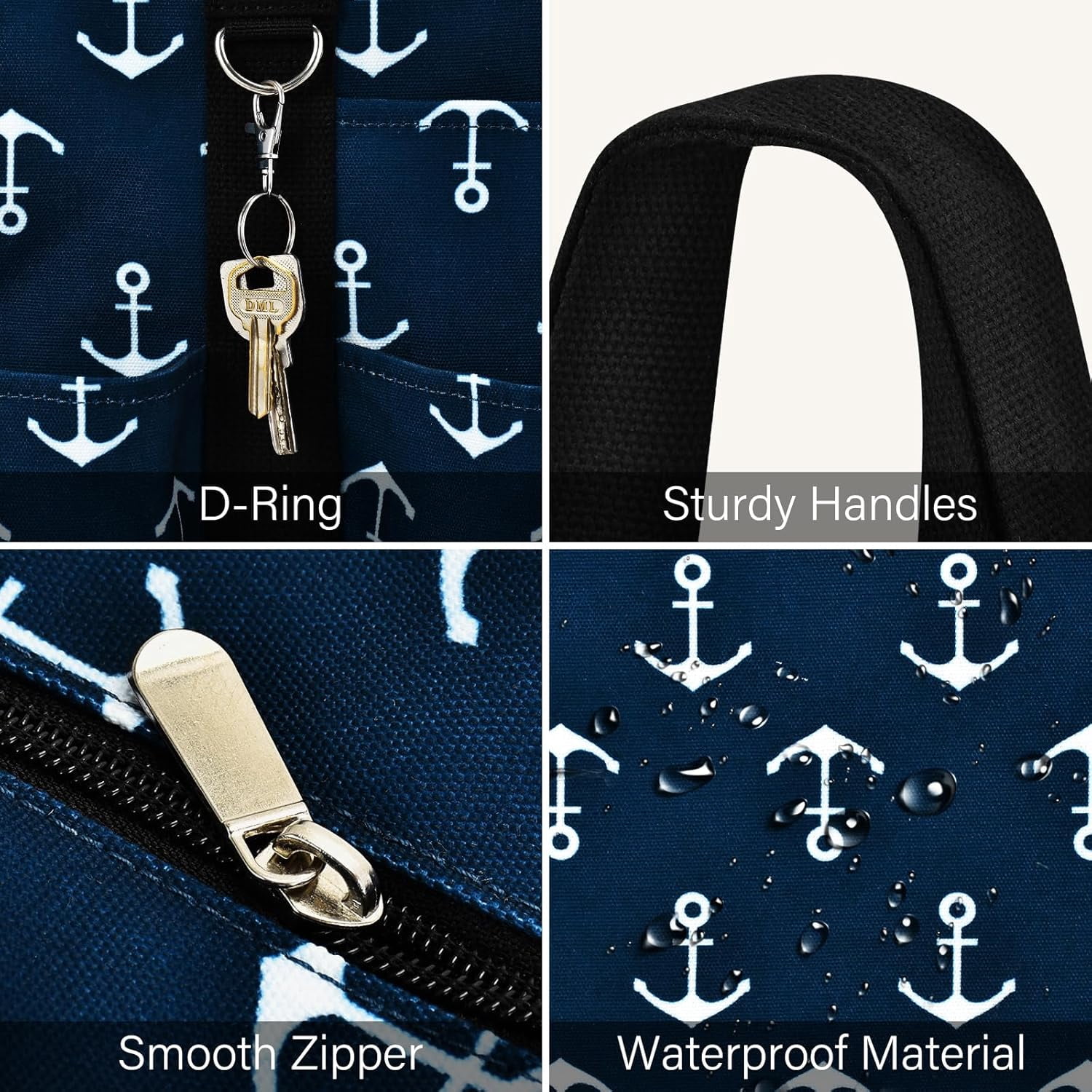 Omlopp Large Tote Bag for Women Waterproof with 12 Pockets Top Zipper Closure Utility Teacher Nurse Bags for Work School-Anchor-Large