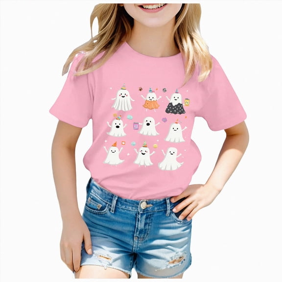 felwors Toddler Baby Girls Boys Halloween T-Shirt Ghost Pumpkin Graphic Shirt Kids Cute Funny Spooky Season Short Sleeve Tees Top(Pink,5-6 Years)