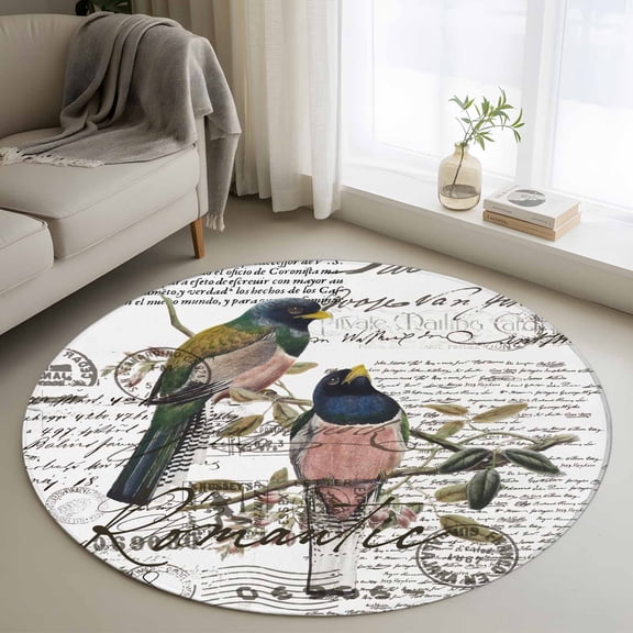 Vintage Birds Round Area Rug 3 FT, Small Kitchen Bathroom Mat, Envelope Postmark Farmhouse Botancial Washable Indoor Outdoor Throw Runner Carpet Non-Shedding Doormat for Table Shower Sofa Entryway