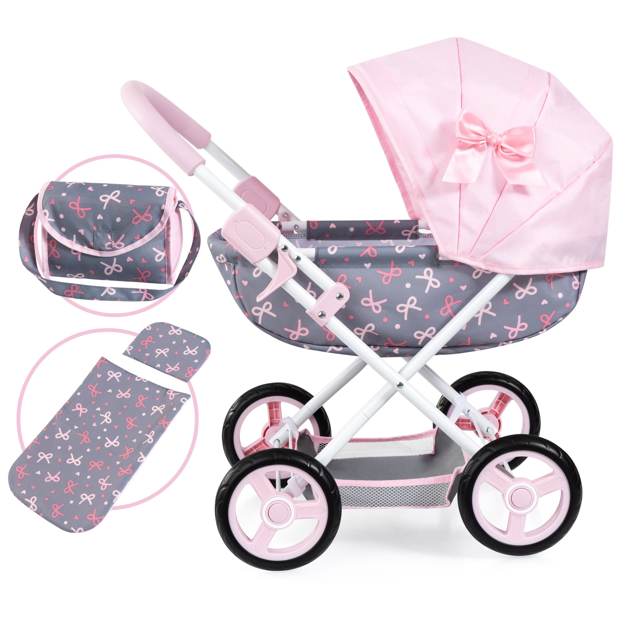 Bayer Design: Doll Pram Cosy - Pink-Grey-Ribbon - Play Push Stroller, Handbag, Blanket & Pillow, Folding, Toy Care Accessory Fits 18" Dolls, Kids 3+