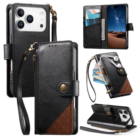 New Phone Case For iPhone 17 Pro Max,Premium Leather Shockproof Full Body Zipper Card Slots Wallet Cover With Lanyard for Women Men, Black