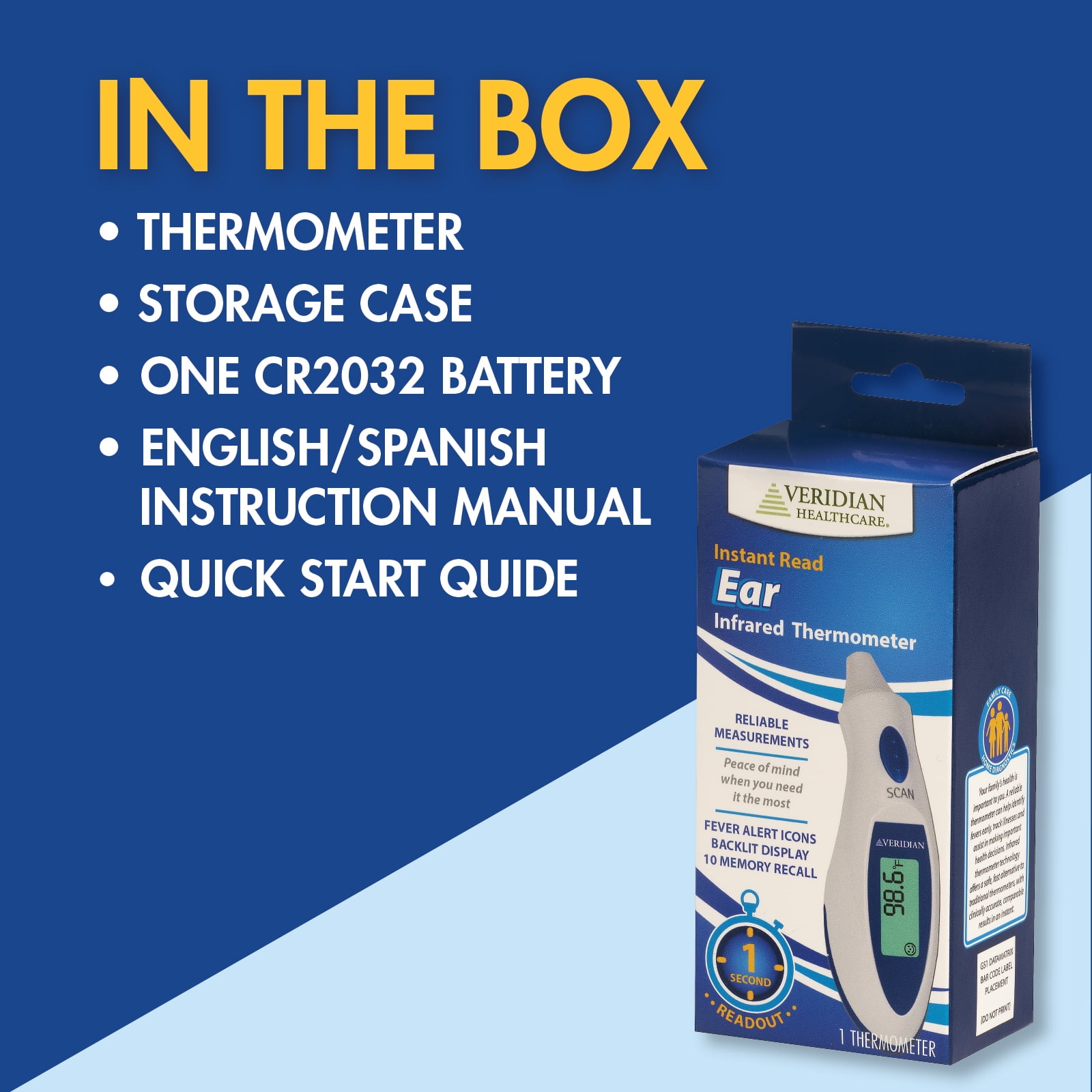 Veridian 1-Second Ear Thermometer | Tympanic Infrared Measurements | Fever Alert, Backlit Display