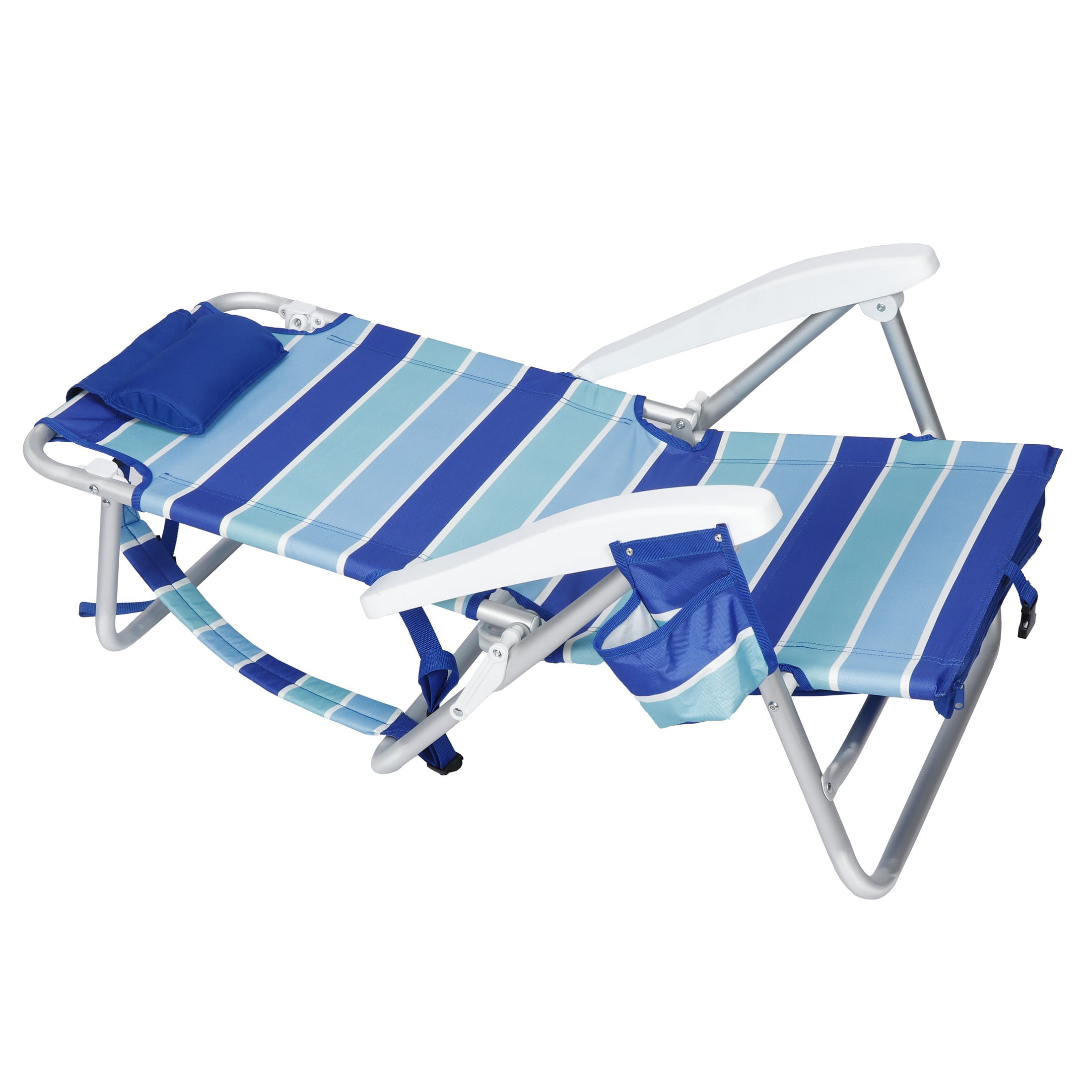 Mainstays Reclining and Lay Flat Backpack 2-Pack Beach Chair, Striped Blue Pattern, New