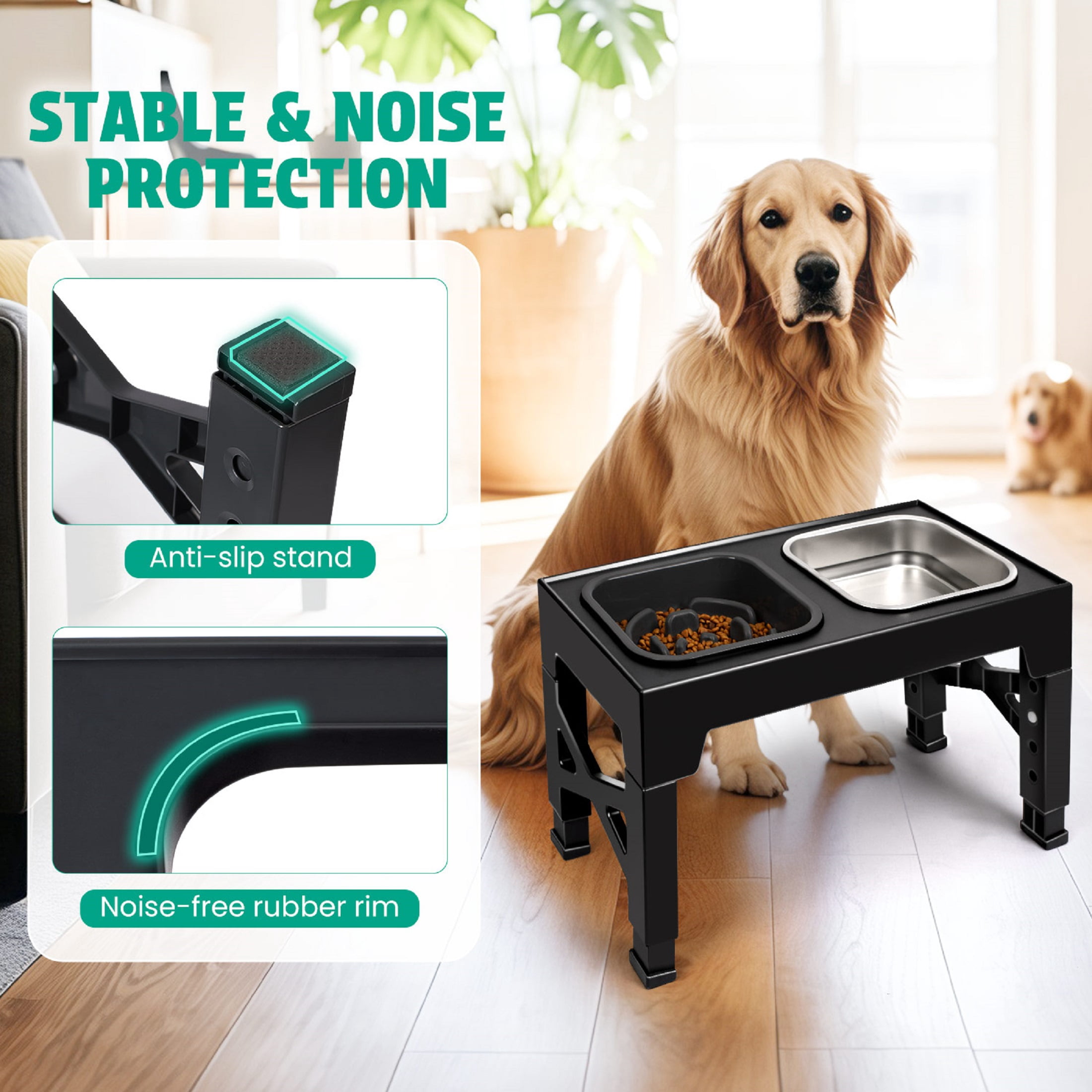 Elevated Dog Bowls, 2 Stainless Steel Dog Food Bowls, Raised Dog Bowl Adjusts to 5 Heights for Small Medium and Large Dogs,Black