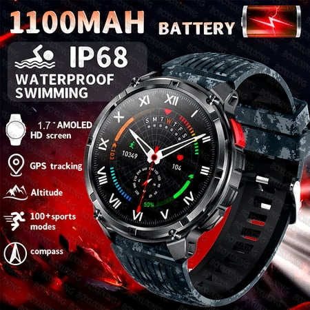 2026 New 1100mAh Battery SmartWatch 10ATM Waterproof GPS Bluetooth call 1.7" AMOLED HD Sports Flashlight Smart Watch Men