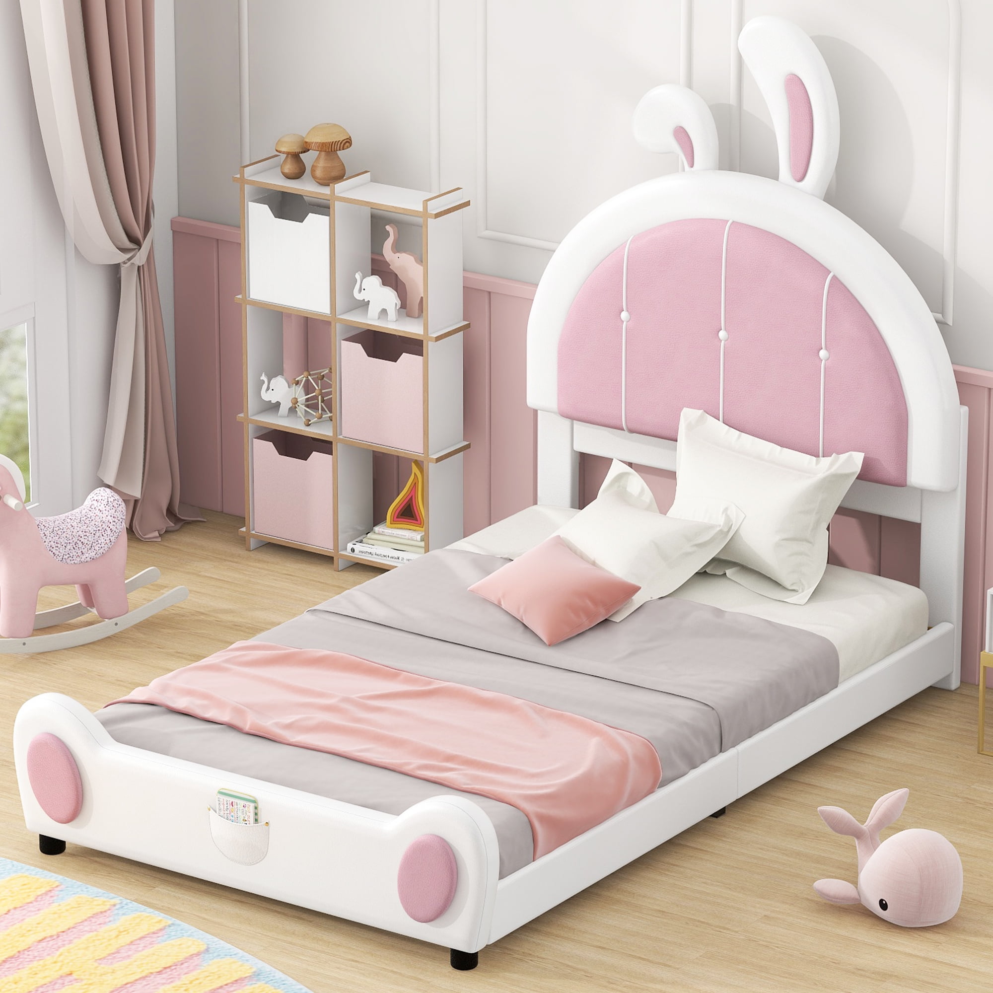 EUROCO Upholstered Twin Platform Bed, Cartoon Bunny Bed for Toddler Kids Teens, No Box Spring Needed, White