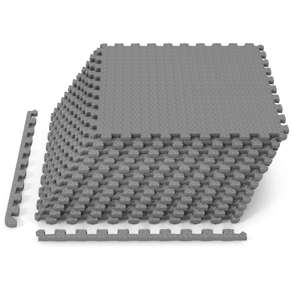 Costway 12 Tiles 25” x 25” Puzzle Exercise Mat with Borders for Home Gym Playroom 51.5 sq.ft Gray