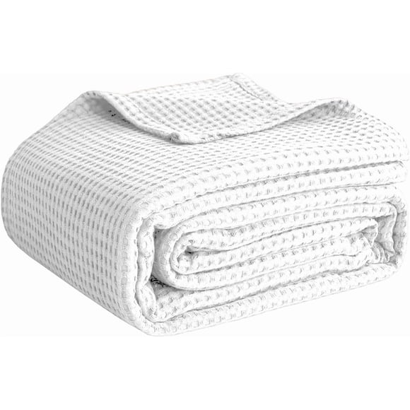 100% Cotton Blankets Queen Size for Bed - Waffle Weave Blankets for Summer, Lightweight and Breathable Soft Woven Blanket for Spring, White, 90x90 Inches (White, King (90" x 108"))