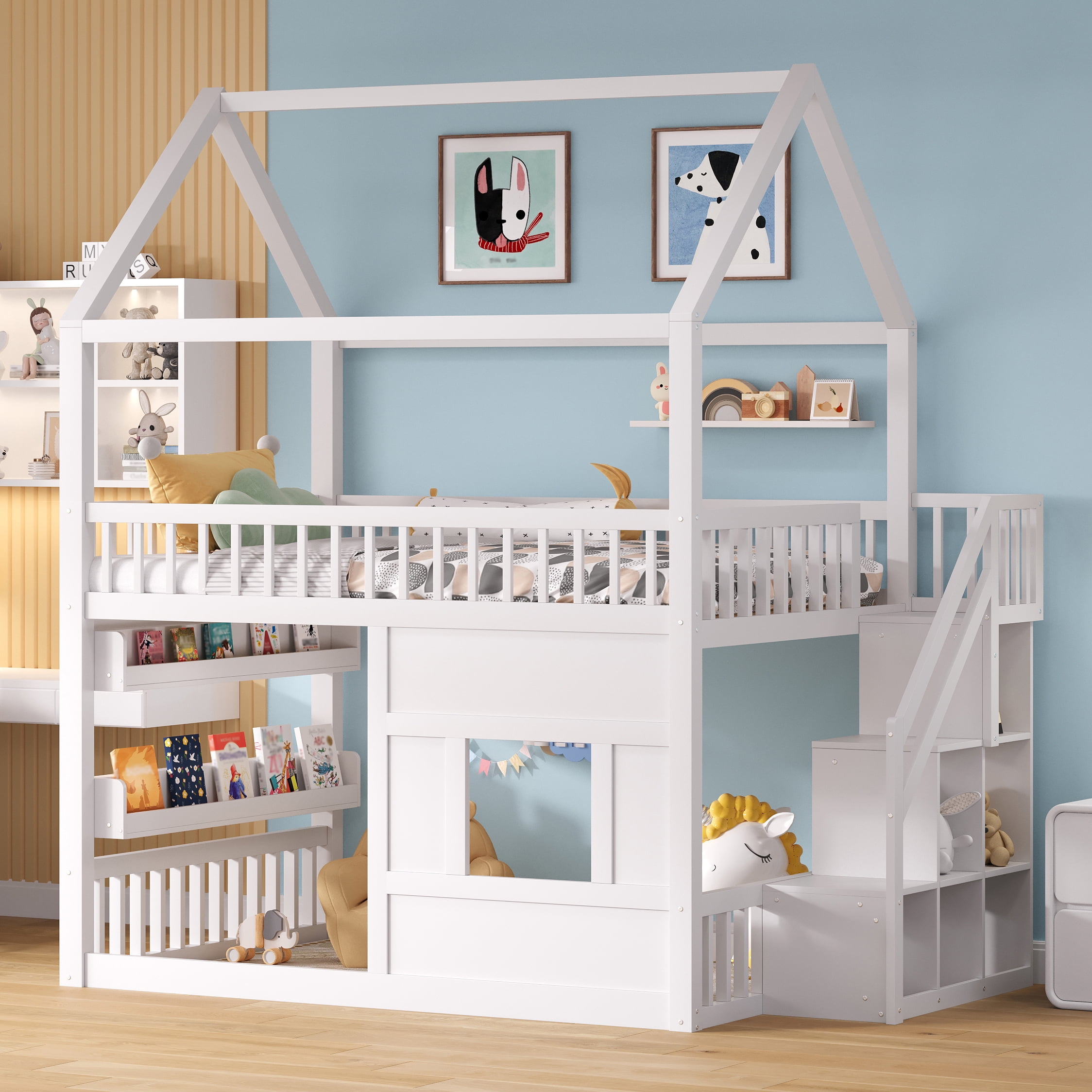 Euroco Wood Full over Full Bunk Bed with Staircase, House Bed with LED Light, White