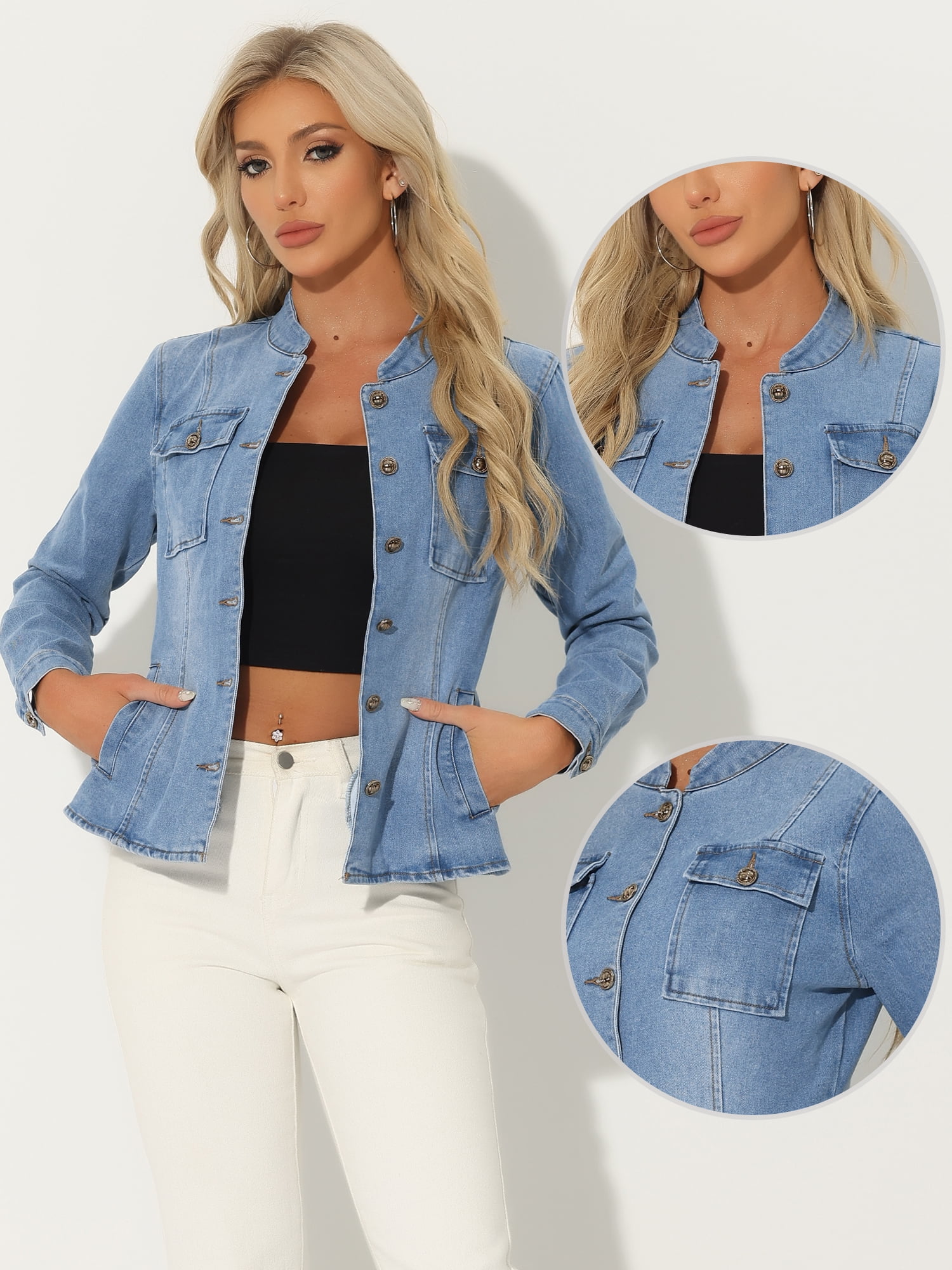 DARING DIVA Women's Classic Stand Collar Denim Jacket M Light Blue