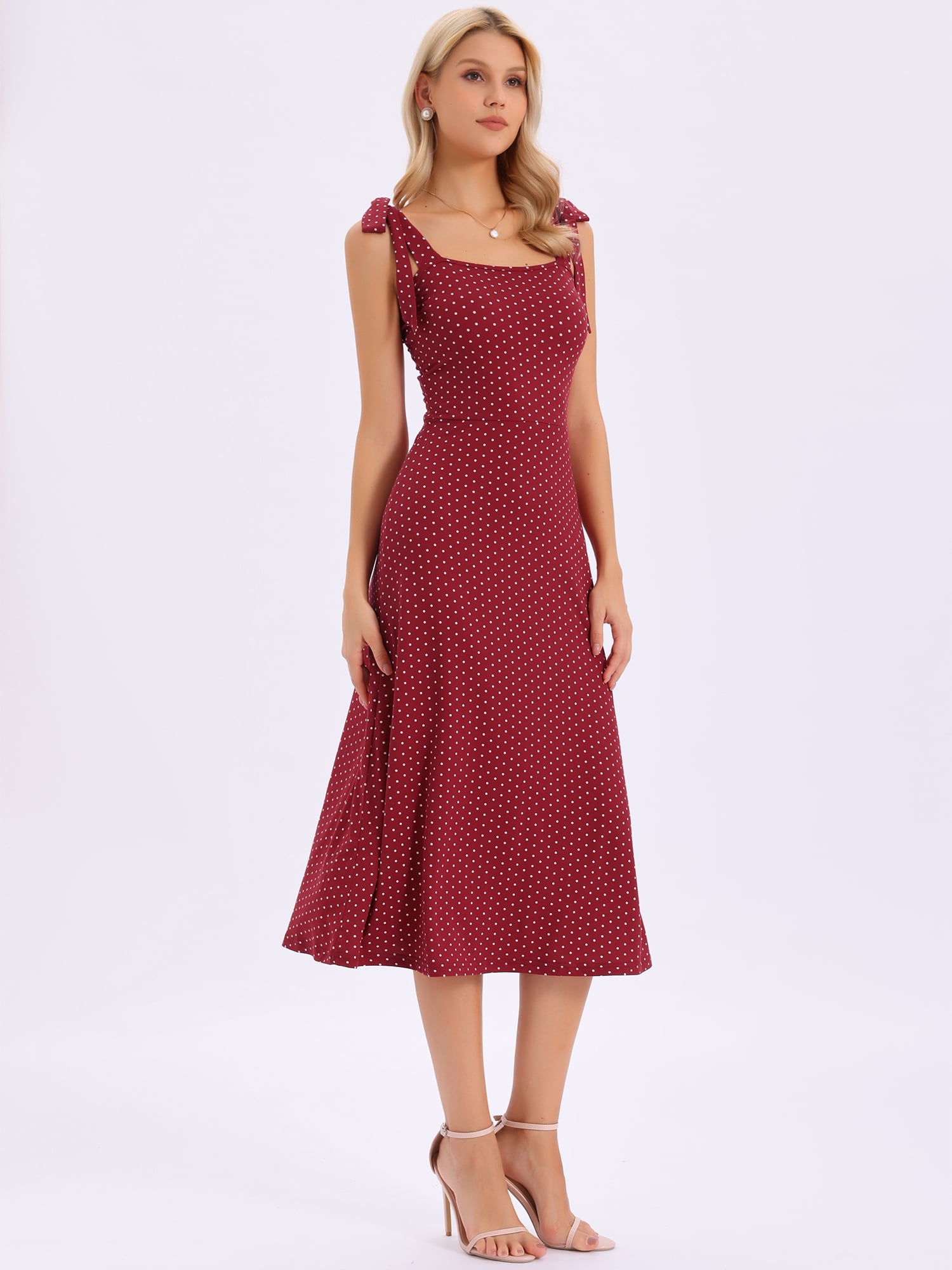 DARING DIVA Women's Polka Dots Dress Tie Shoulder Sleeveless A-Line Dresses XS Dark Red