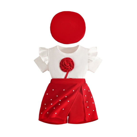 QIbmong 3 Piece Outfits for Toddler Girls Crew Neck Ruffle Short Sleeve Ribbed Knit Tees Heart Shorts with Beret Hat Casual Cute Kids Summer Sets(18-24 Months,Red)