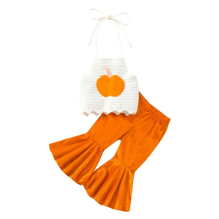 

0-3Y Toddler Baby Girls Halloween Clothes Set 2pcs Knitted Pumpkin Halter Sleeveless Tank Tops with Flared Pants