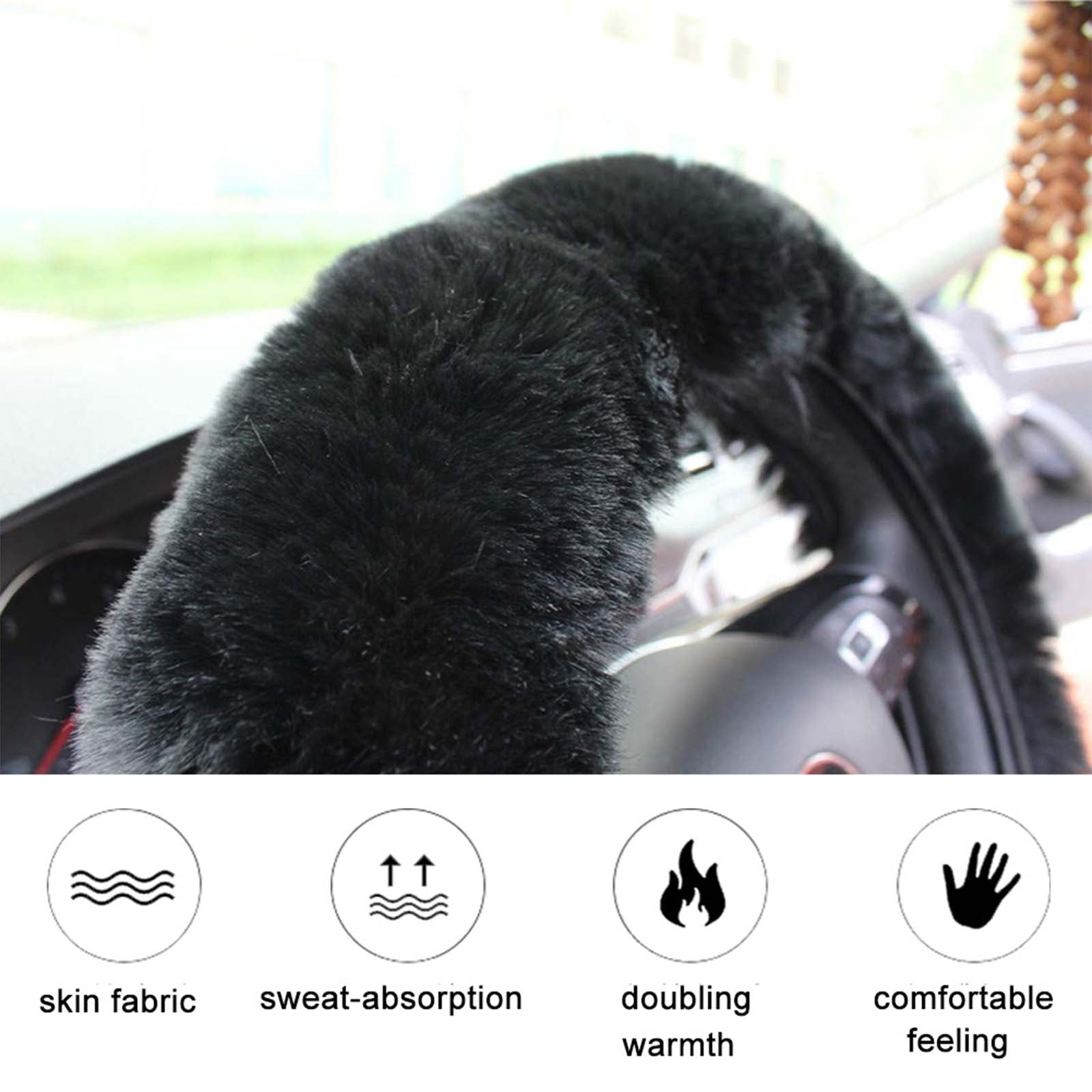 Ueasy 3-Piece Winter Fuzzy Steering Wheel Cover Set | 15" Universal Warm Artificial Wool Car Handbrake & Gear Shift Cover