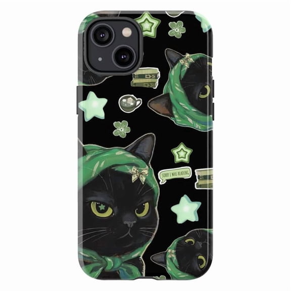 Sorry I Was Reading Cat Phone Case, Cute Black Cat Babushka Green Scarf Aesthetic Cover for iPhone 17 16 15 14 13 12 11 Plus Pro Max Mini