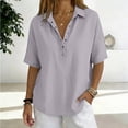 thumbnail image 2 of Women Button Front Lapel Short Sleeve Shirt Casual Solid Top,Light Gray,2XL, 2 of 4